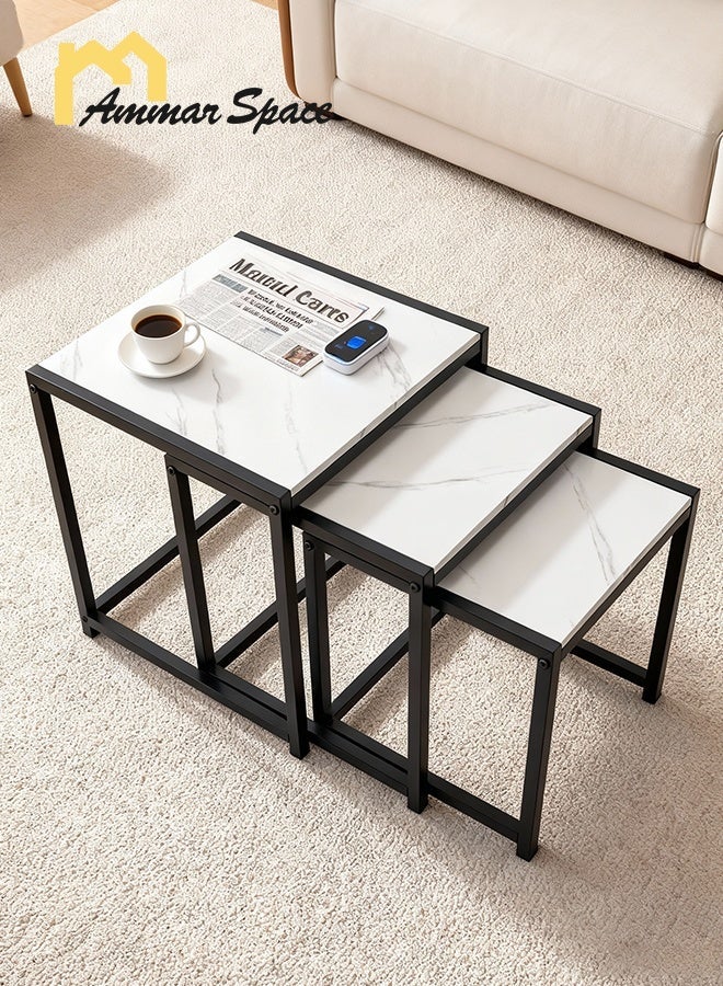 مساحة عمار طقم طاولات جانبية متداخلة من 3 قطع بسطح رخامي المظهر وإطار معدني أسود، طاولة قهوة متعددة الاستخدامات لغرفة المعيشة أو الأريكة أو غرفة النوم، تصميم موفر للمساحة - Image 4